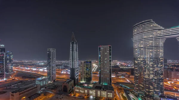 Uitzicht Lucht Naar Wolkenkrabbers Hotels Dubai Centrum Luchtfoto Timelapse Panorama — Stockfoto