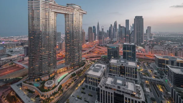 Futuristic Dubai Downtown Finansial District Skyline Aerial Night Day Transition —  Fotos de Stock