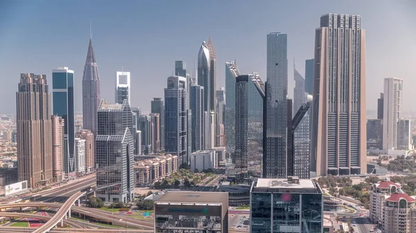 Panorama Dubai Financial Center District Tall Skyscrapers Timelapse Aerial View — Stockfoto