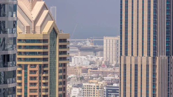 Letecký Pohled Mnoho Bytových Domů Přístavu Dubaji Města Timelapse Mrakodrapu — Stock fotografie