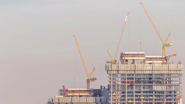 Высокие Строящиеся Здания Множество Жёлтых Кранов Центре Города Вечерам Время — стоковое фото