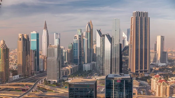 Panorama Dubai Financial Center District Tall Skyscrapers Timelapse Aerial View — Fotografia de Stock