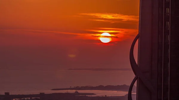 Sunset Sea Dubai Water Canal Orange Sky Aerial Timelapse View — Stock Photo, Image