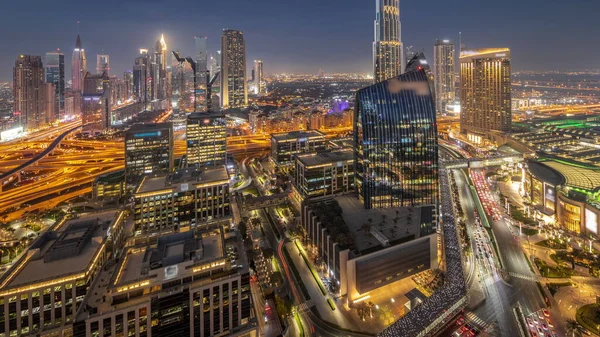 Futuristic Dubai Downtown Finansial District Skyline Panorama Aerial Day Night — Fotografia de Stock