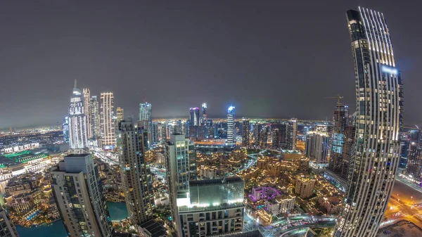 Panorama Lotnicza Wielkiej Futurystycznej Miejskiej Nocy Timelapse Dubaj Zjednoczone Emiraty — Zdjęcie stockowe