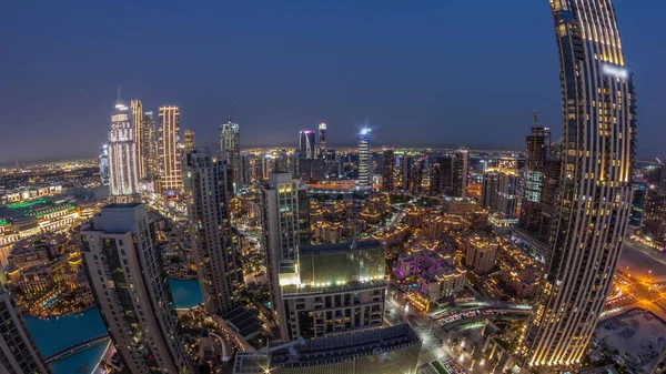 Aerial Panorama Big Futuristic City Day Night Transition Timelapse Business — Stock Photo, Image