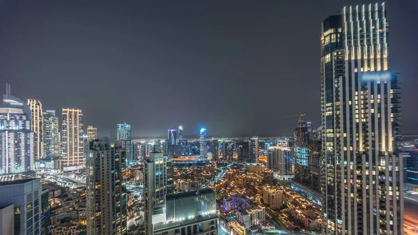 Flygfoto Panoramautsikt Över Stor Futuristisk Stad Natt Timelapse Business Bay — Stockfoto