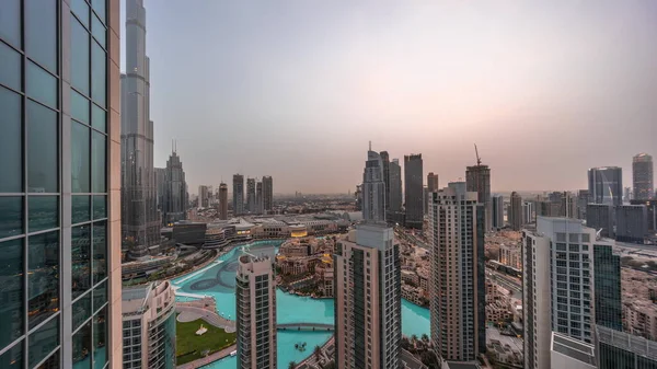 Dubai Downtown Fountains Modern Futuristic Architecture Aerial Night Day Transition — Stock Photo, Image