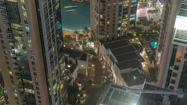 Dubaj Centrum Miasta Fontannami Nowoczesną Futurystyczną Architekturą Antenowa Noc Timelapse — Zdjęcie stockowe