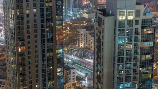 Vista Aérea Torres Gran Timelapse Futurista Noche Ciudad Business Bay —  Fotos de Stock