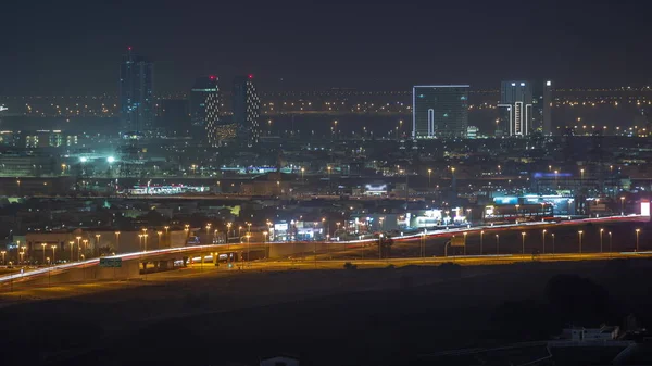 Dubajska Panorama Willami Placem Budowy Nowych Wież Tle Antenowej Nocy — Zdjęcie stockowe