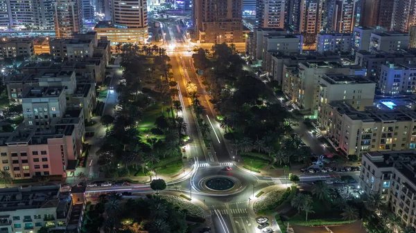Traffic Road Roundabout Low Rise Buildings Greens District Aerial Night — Stock Photo, Image
