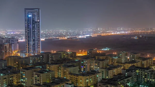 Rascacielos Distrito Barsha Heights Edificios Poca Altura Timelapse Nocturno Aéreo — Foto de Stock