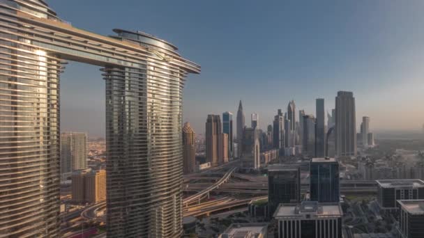 Futuristische Dubai Downtown Financiële District Skyline Luchtfoto Tijdspanne Gedurende Hele — Stockvideo