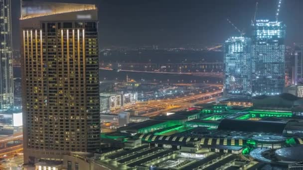Aerial Panorama Downtown Dubai Shopping Mall Traffic Street Night Timelapse — Video Stock