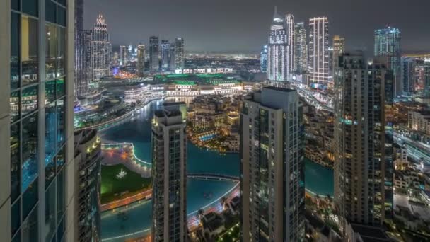 Aerial Panoramic View Fountain Lake Big Futuristic City Night Timelapse — Stok video