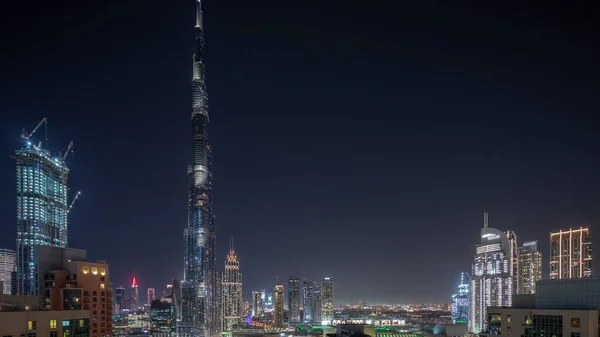 Dubaj Downtown Panoramatické Město Nejvyšší Mrakodrapy Kolem Letecké Noci Timelapse — Stock fotografie