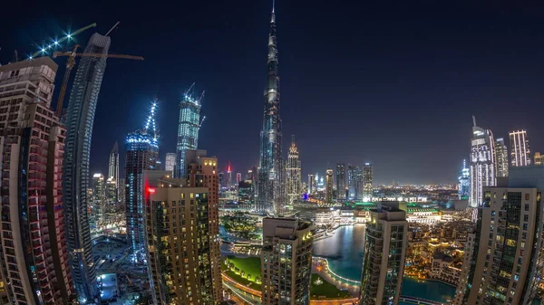 Panorama Dubai Downtown Cityscape Tallest Skyscrapers Aerial Night Timelapse Construction — Stock Photo, Image