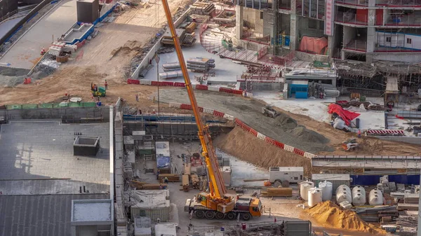 Grues Bulldozers Travaillant Sur Chantier Construction Nouveau Gratte Ciel Timelapse — Photo