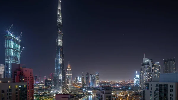 Dubaj Downtown Panoramatické Město Nejvyššími Mrakodrapy Kolem Antény Celou Noc — Stock fotografie