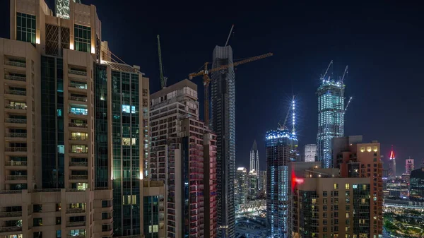 Cranes Working Big Constraction Site Works New Skyscrapers Night Timelapse — Stock Photo, Image