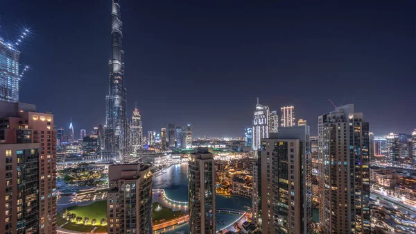 Dubai Downtown Stadsbild Med Högsta Skyskrapor Runt Promenadområdet Antenn Natt — Stockfoto