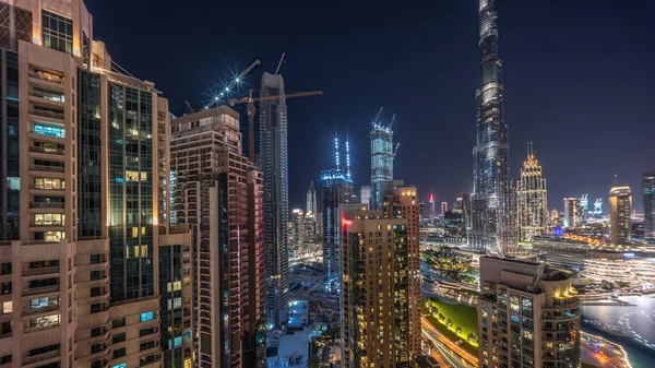 Dubai Downtown Cityscape Ψηλότερους Ουρανοξύστες Υπό Κατασκευή Εναέρια Νύχτα Timelapse — Φωτογραφία Αρχείου