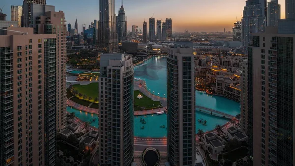 Dubai Downtown Cityscape Tallest Skyscrapers Fountain Aerial Night Day Transition — Stock Photo, Image