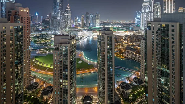 Panoráma Mutatja Dubai Belvárosában Városkép Legmagasabb Felhőkarcolók Körül Légi Éjszakai — Stock Fotó