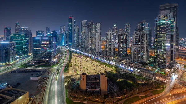 Bay Avenue Mit Beleuchteten Modernen Türmen Wohnsiedlung Business Bay Antennenpanorama — Stockfoto