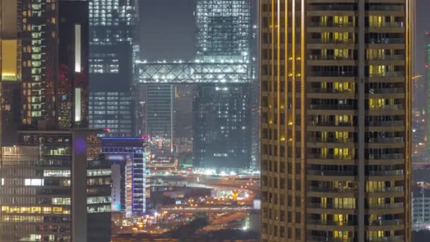 Torri Nel Quartiere Dubai International Financial Centre Timelapse Notte Aerea — Video Stock