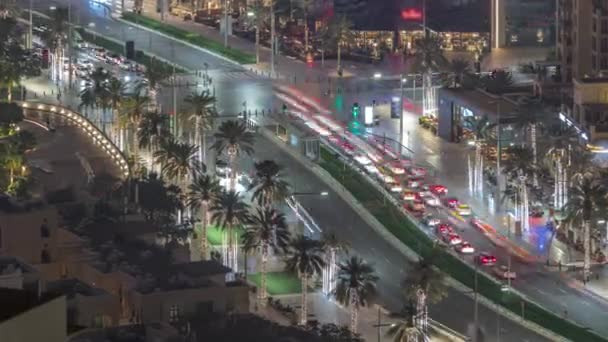 Bussy Traffic Road Intersection Dubai Downtown Aerial Night Timelapse Many — Stock Video