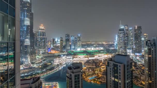 Dubai Centro Con Fuentes Arquitectura Futurista Moderna Timelapse Aéreo Durante — Vídeos de Stock