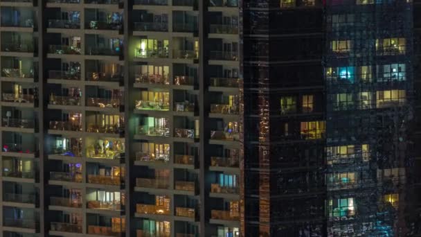 Windows Apartment Building Night Timelapse Light Illuminated Rooms Houses Urban — Stock Video