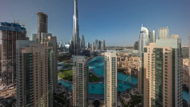 Panorama Showing Dubai Downtown Skyline Cityscape Tallest Skyscrapers Aerial Timelapse — Stock Video