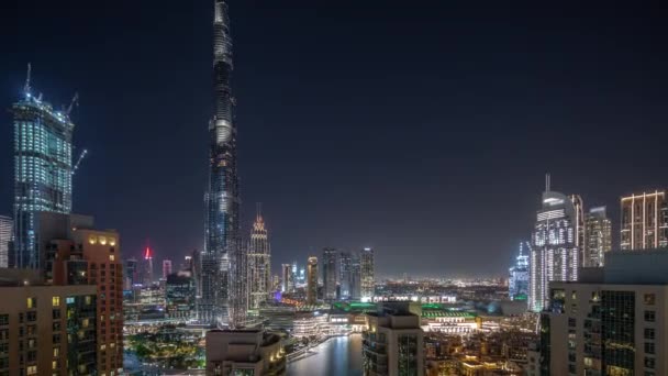 Dubaj Downtown Panoramatické Město Nejvyšší Mrakodrapy Kolem Letecké Noci Timelapse — Stock video