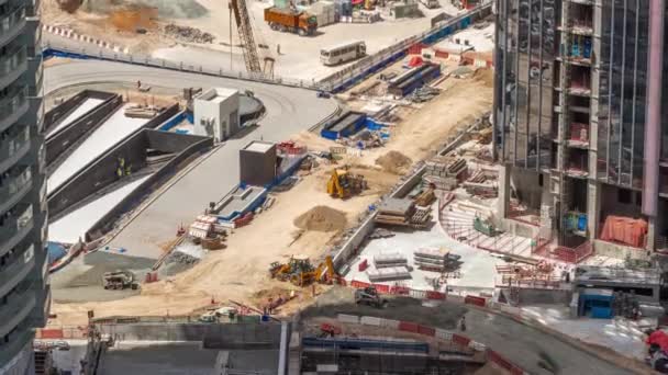 Cranes Excavators Bulldozers Working Construction Site New Skyscraper Aerial Timelapse — Stock Video