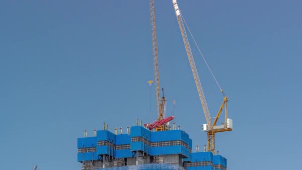 Cranes Working Big Constraction Site Works New Skyscraper Timelapse Blue — Stock Video