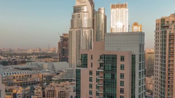 Skyline Aéreo Los Edificios Centro Dubai Timelapse Durante Puesta Del — Vídeo de stock