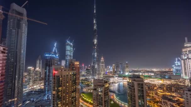 Dubai Downtown Stadtbild Mit Den Höchsten Wolkenkratzern Panorama Antenne Nacht — Stockvideo
