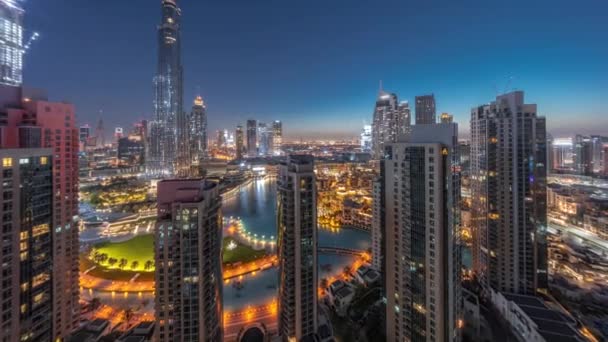 Dubai Downtown Stadsgezicht Met Hoogste Wolkenkrabbers Voor Zonsopgang Luchtfoto Nacht — Stockvideo