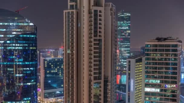 Business Bay Dubaj Osvětlil Mrakodrapy Vodní Kanál Letecké Noci Timelapse — Stock video