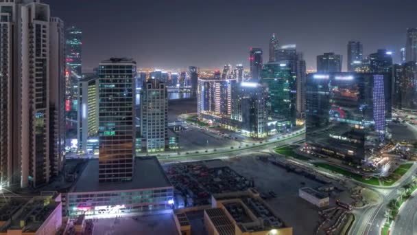 Бізнес Бей Дубай Освітлював Хмарочоси Повітряною Панорамою Водяного Каналу Протягом — стокове відео