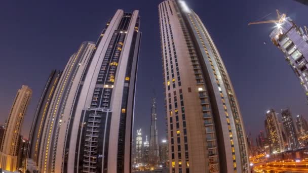 Panorama Der Höchsten Wolkenkratzer Der Innenstadt Dubais Gelegen Der Bouleward — Stockvideo