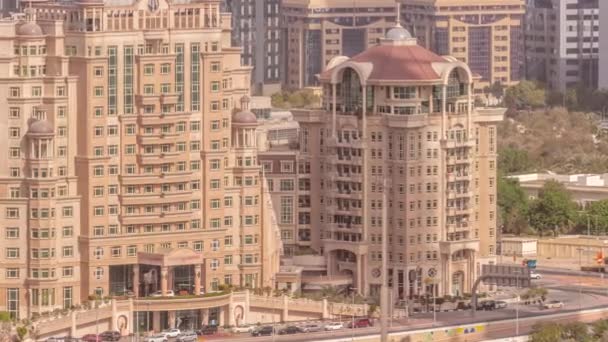 Vista Aérea Distrito Financiero Dubai Con Hoteles Tráfico Timelapse Carretera — Vídeo de stock