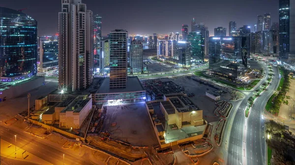 Business Bay Dubai Rascacielos Iluminados Con Canal Agua Panorámica Aérea —  Fotos de Stock