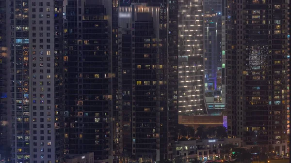 Skyscrapers Many Glowing Windows Business Bay Dubai Aerial Night Timelapse — Stock Photo, Image