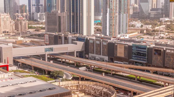 Highway Road Traffic Overpass Footbridge Shopping Mall Dubai Downtown Timelapse — Stock Photo, Image