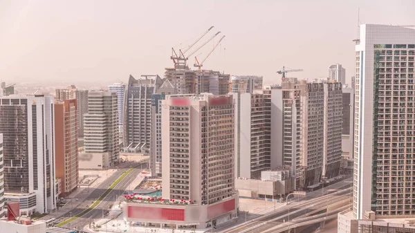 Skyscrapers Business Bay Dubai Aerial Timelapse Morning Road Intersection Construction — Stock Photo, Image
