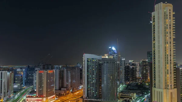 Rascacielos Bahía Negocios Dubai Noche Aérea Timelapse Panorámica Intersección Vial — Foto de Stock